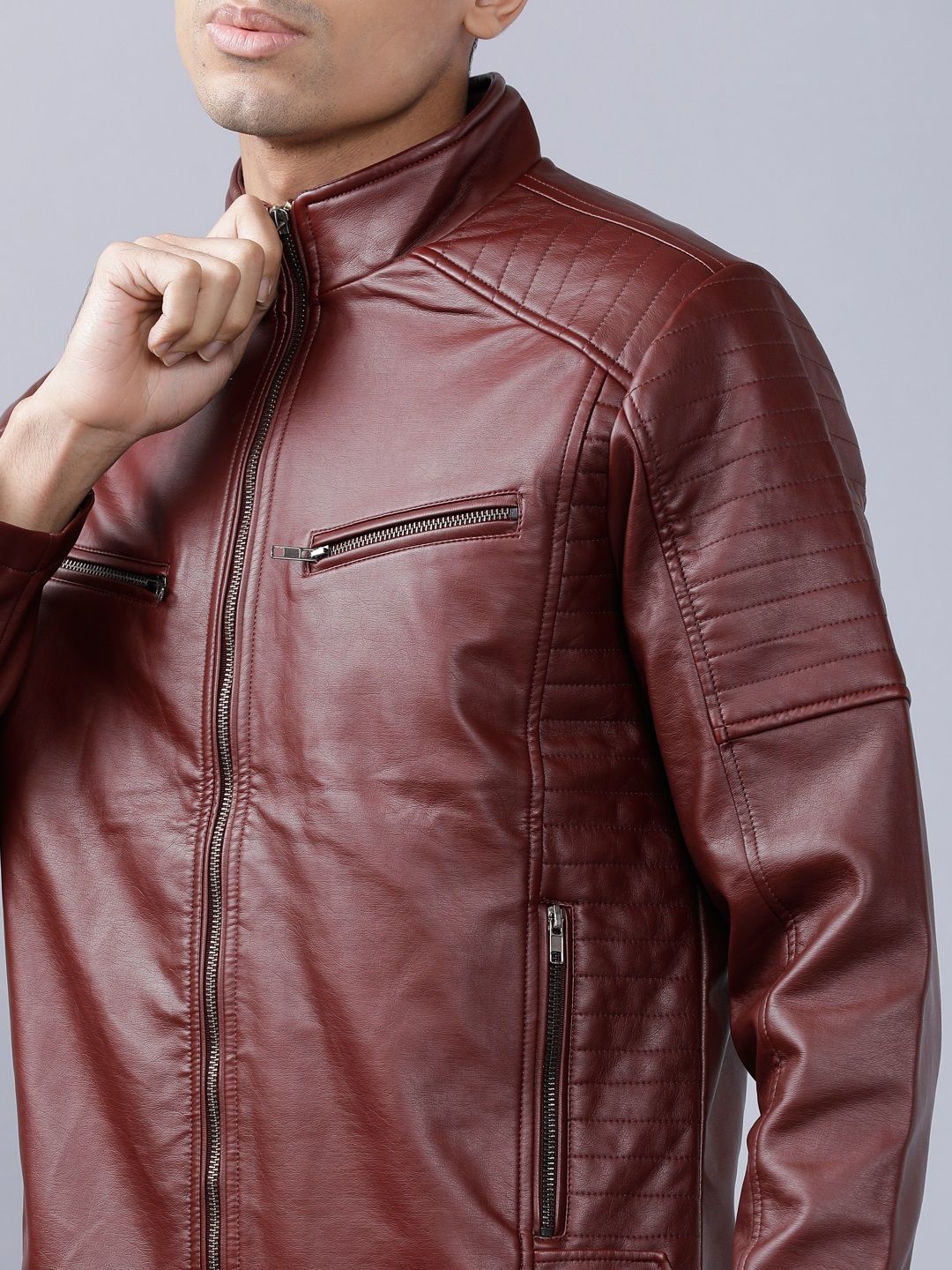 HIGHLANDER Men Burgundy Solid Leather Jacket