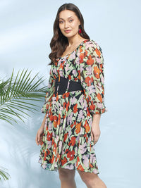Antheaa Black Round Neck Floral Printed Chiffon Corset Fit & Flare Dress
