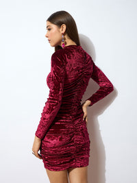 SASSAFRAS Round Neck Ruched Velvet Bodycon Dress