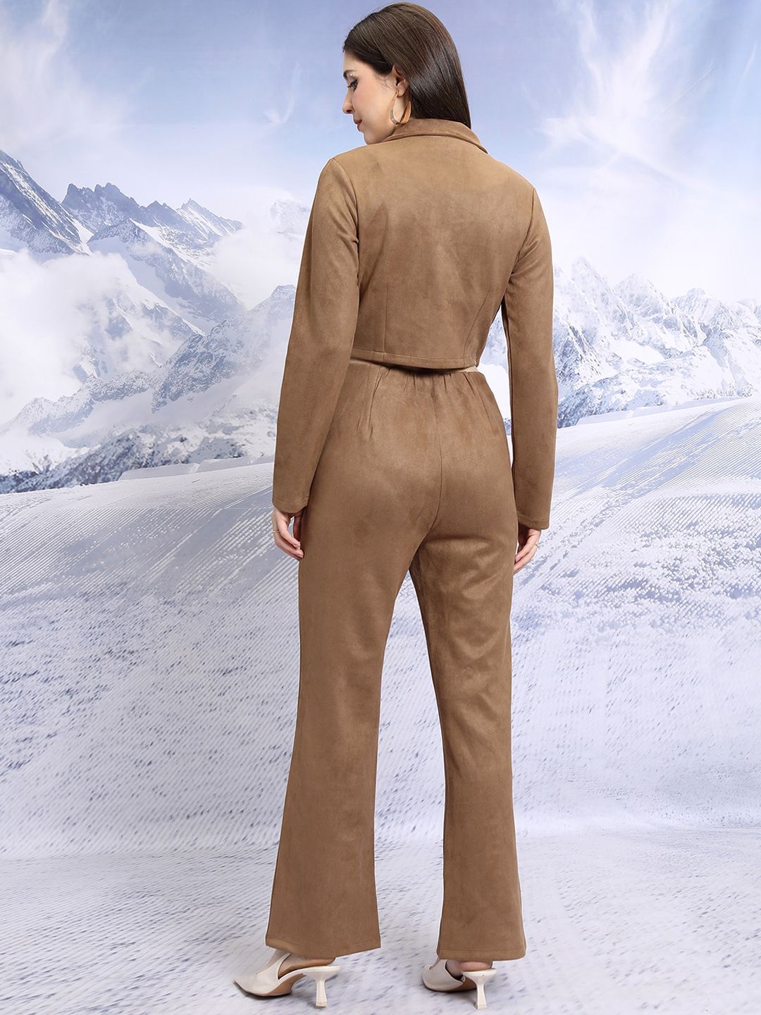 Tokyo Talkies Notched Lapel Collar Suede Crop Top With Trousers