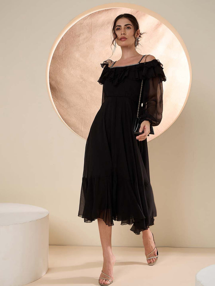 Antheaa Embellished Puff Sleeve frilled Fit and Flare Midi Dress