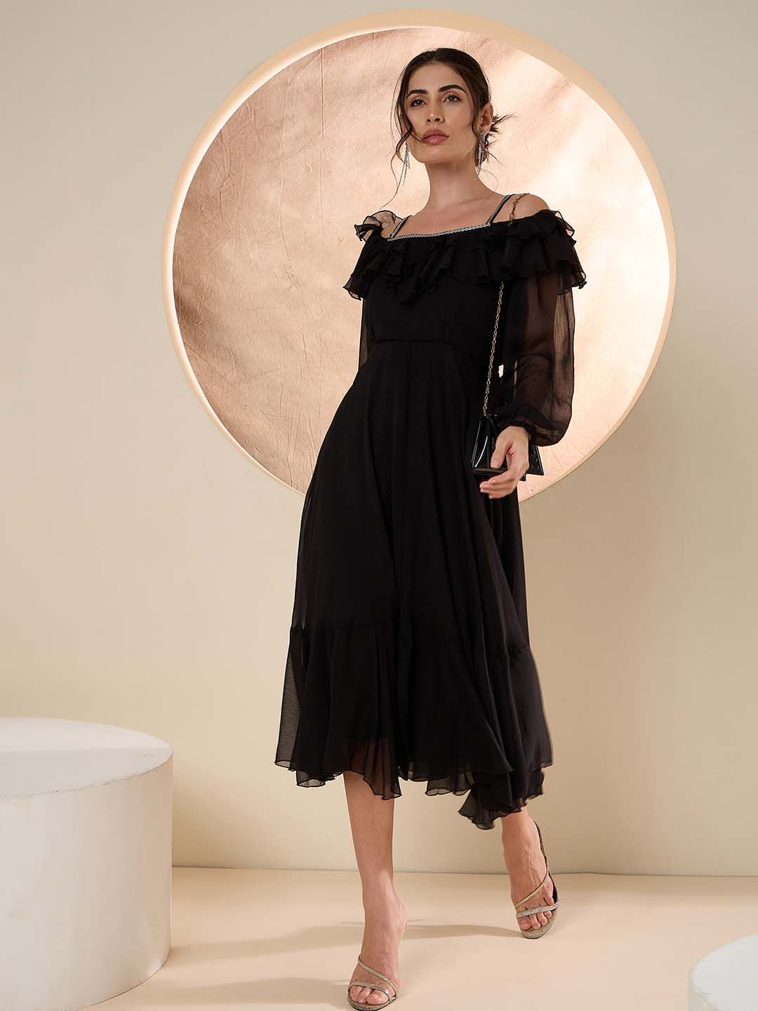 Antheaa Embellished Puff Sleeve frilled Fit and Flare Midi Dress