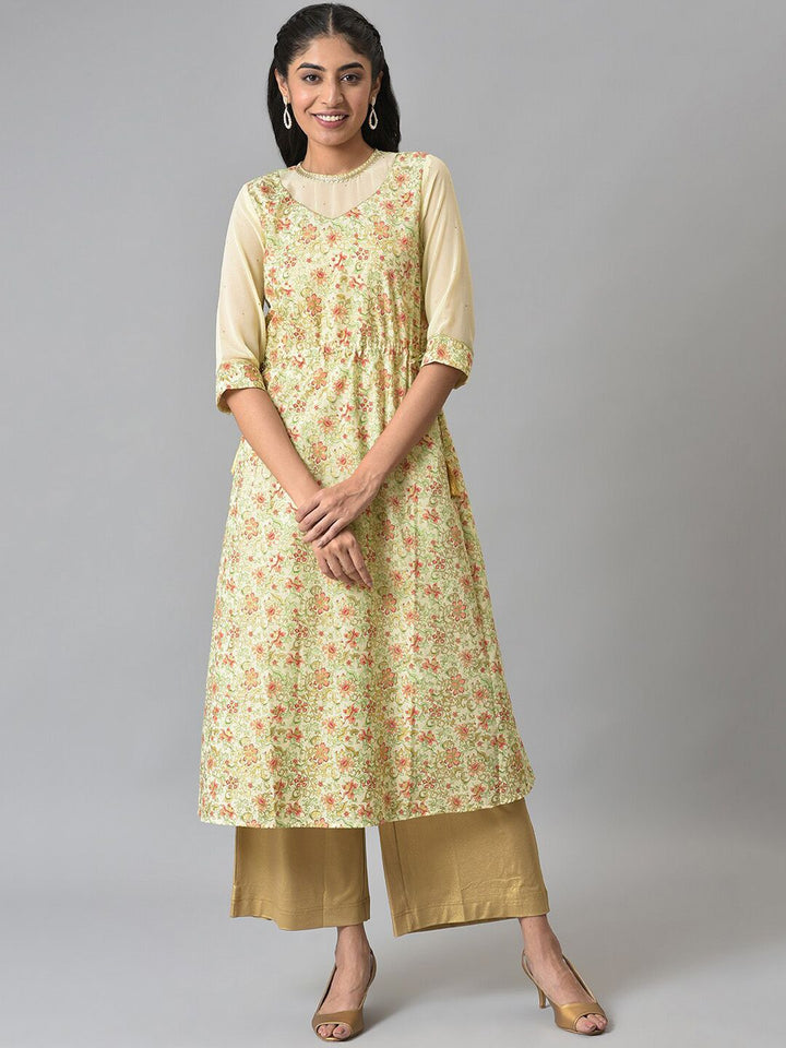 AURELIA Women Beige Floral Printed Anarkali Kurta