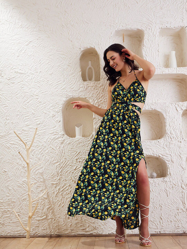 Berrylush Black Converstional Printed Halter Neck Tie Up Crepe A-Line Dress