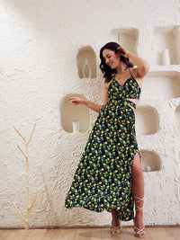 Berrylush Black Converstional Printed Halter Neck Tie Up Crepe A-Line Dress