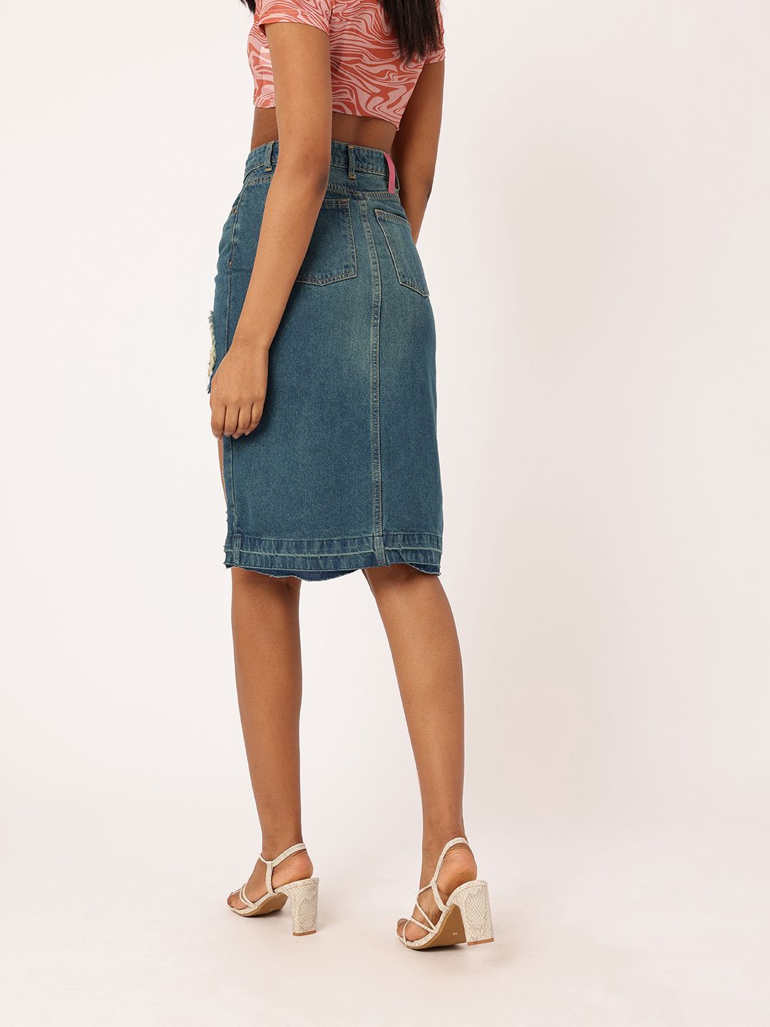 DressBerry Women City Edge High Rise Ripped Denim Faded Asymmetric A-Line Skirt