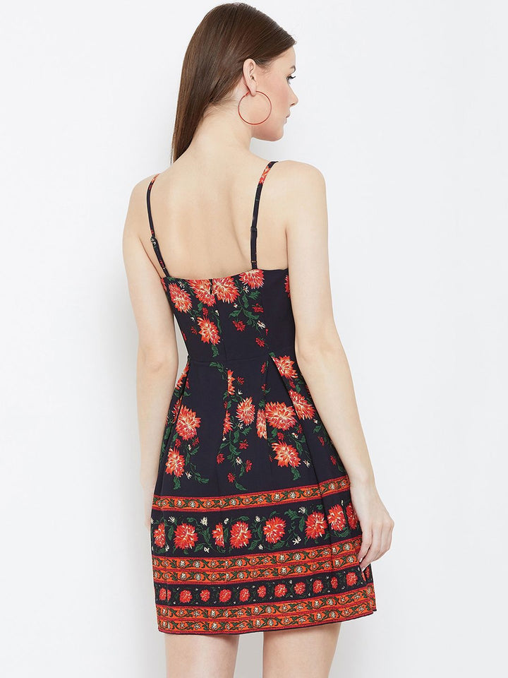 Berrylush Women Navy Blue & Orange Floral Printed Fit and Flare Dress