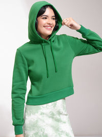 Tokyo Talkies Women Green Solid Hooded Sweatshirt
