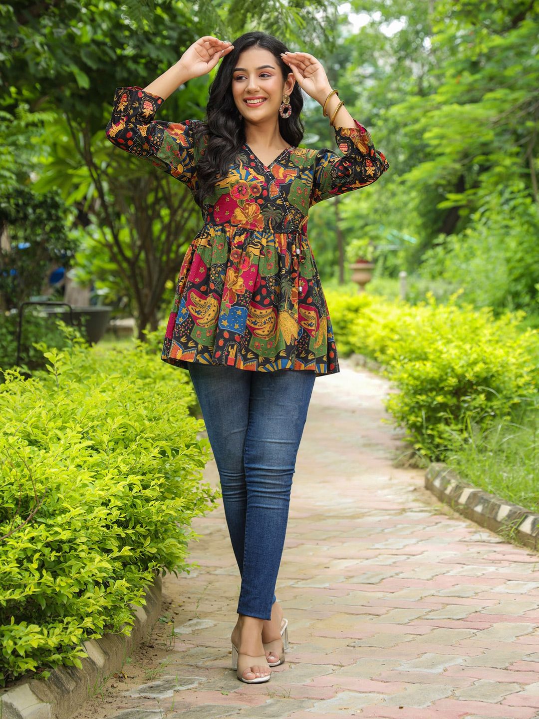 Rain & Rainbow Floral Printed Bell Sleeve Cotton Empire Top