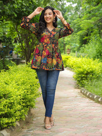 Rain & Rainbow Floral Printed Bell Sleeve Cotton Empire Top