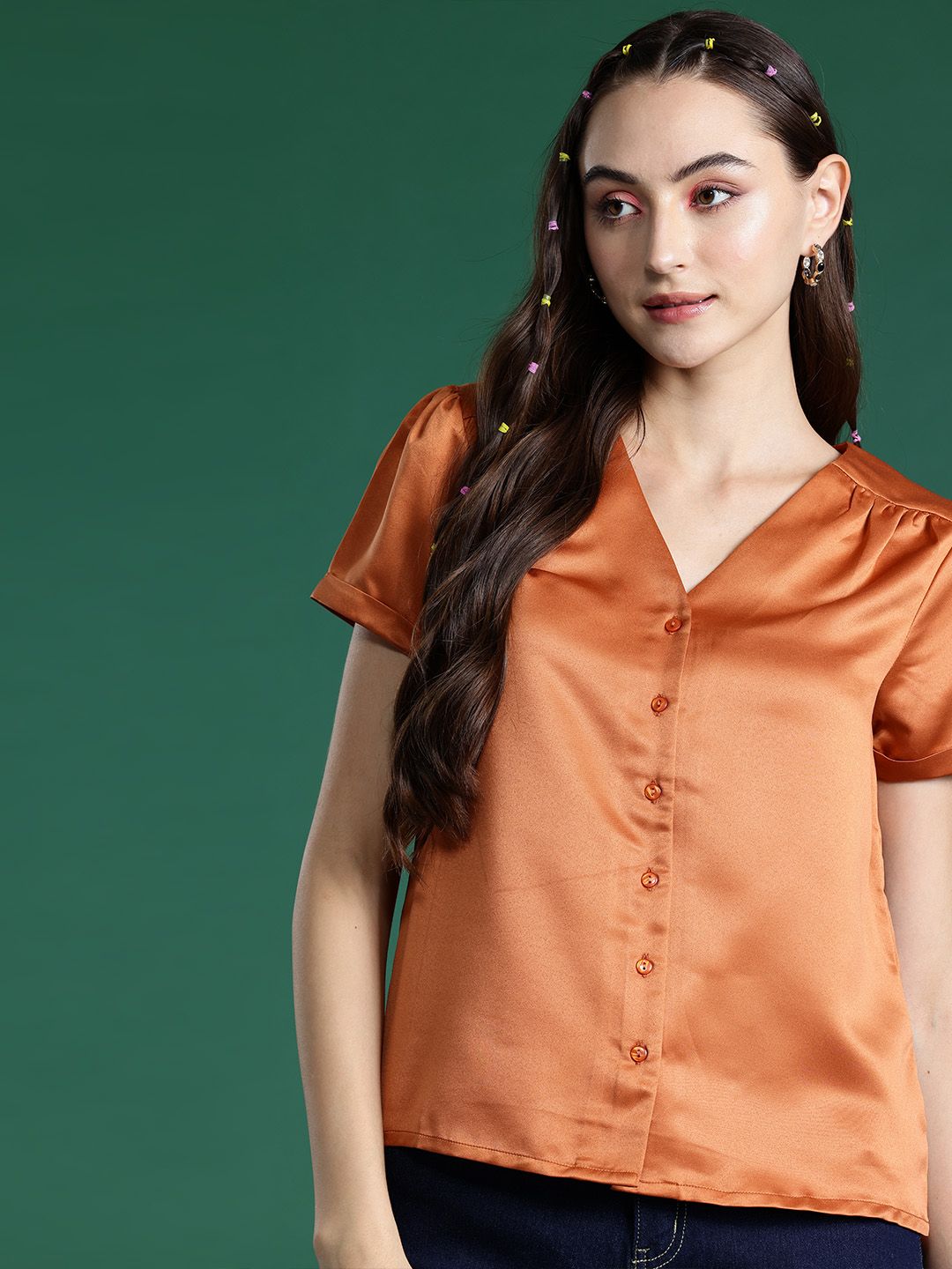 DressBerry Satin-Finish V-Neck Shirt Style Top