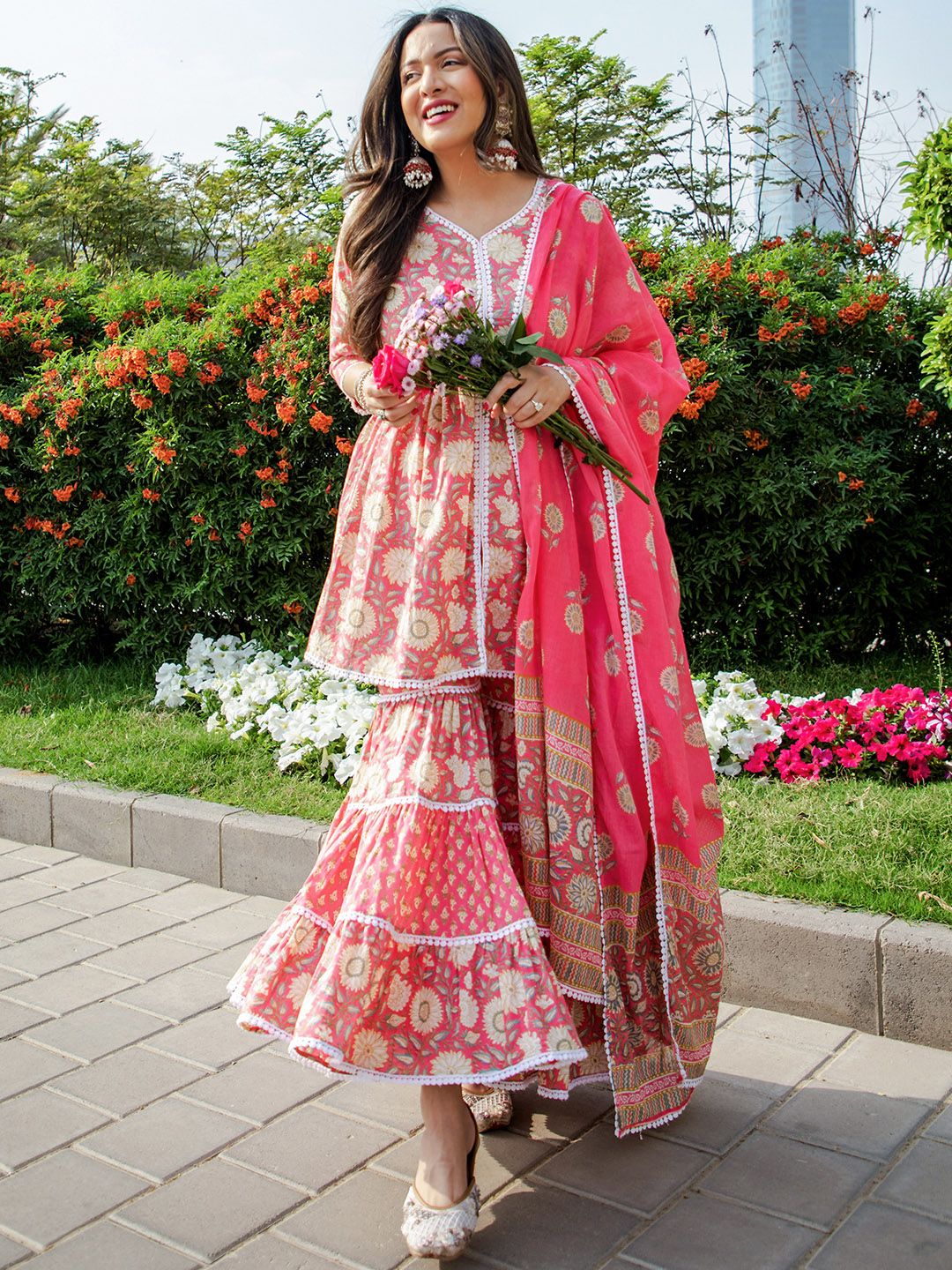 Libas Women Floral Printed Empire Pure Cotton Kurti With Sharara & With Dupatta