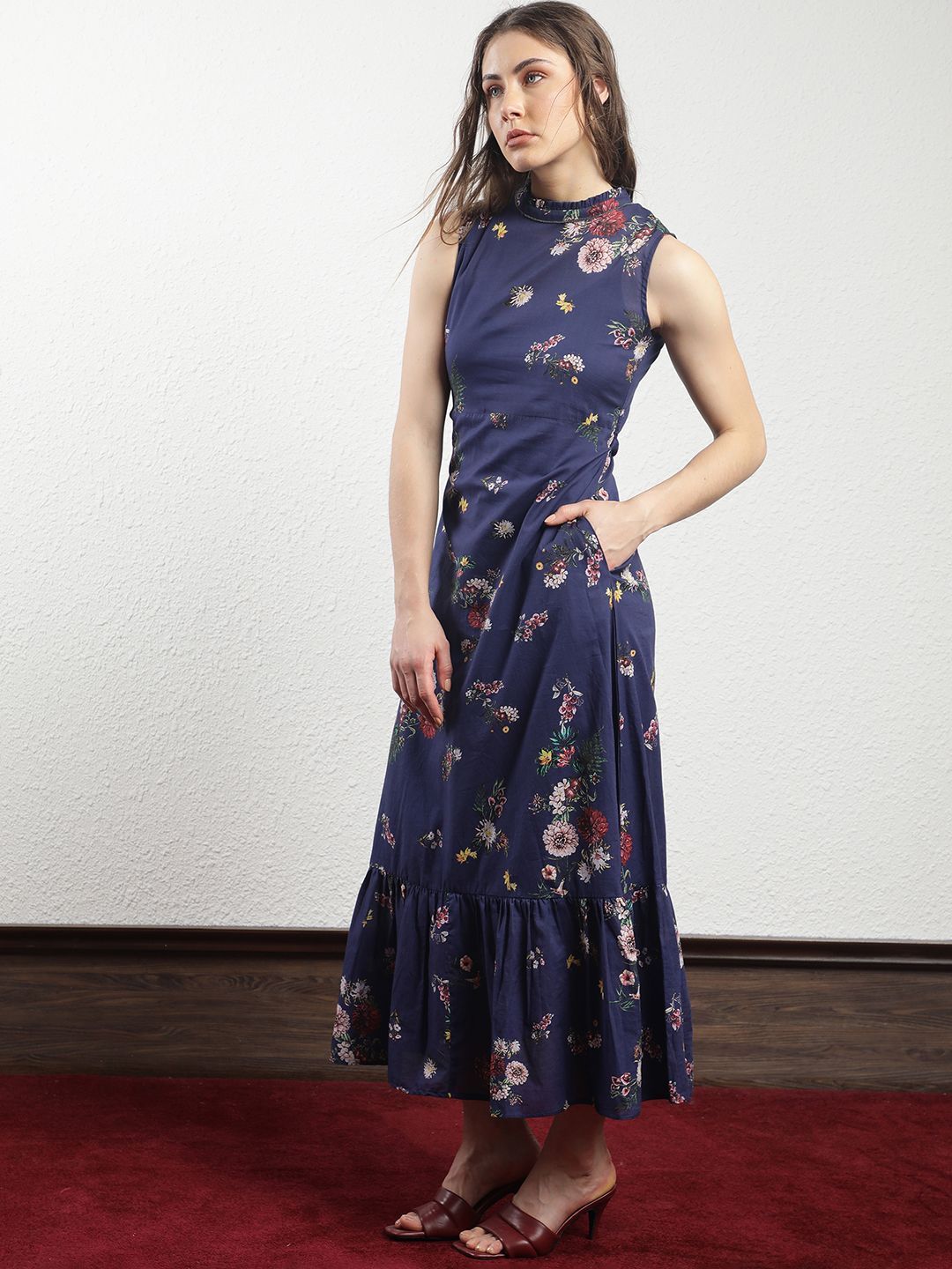 RAREISM High Neck Floral Printed A-Line Dress