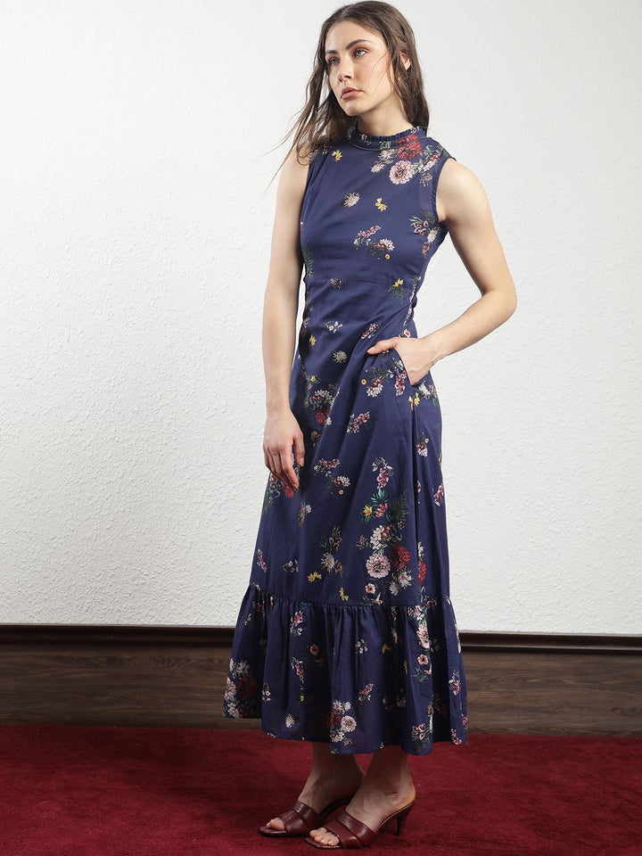 RAREISM High Neck Floral Printed A-Line Dress