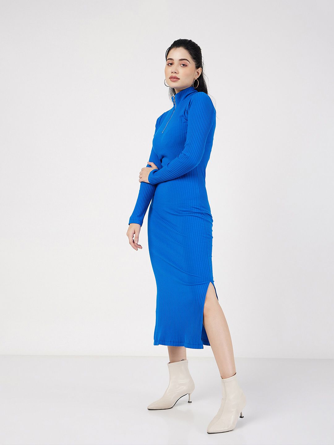 SASSAFRAS Ribbed High Neck Cotton Knitted Sheath Dress