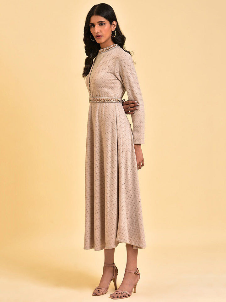 W Grey Embellished Polka Dot Printed High Neck Belted Fit & Flare Midi Dress