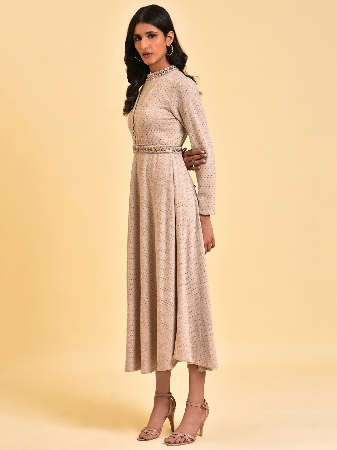 W Grey Embellished Polka Dot Printed High Neck Belted Fit & Flare Midi Dress