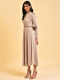 W Grey Embellished Polka Dot Printed High Neck Belted Fit & Flare Midi Dress