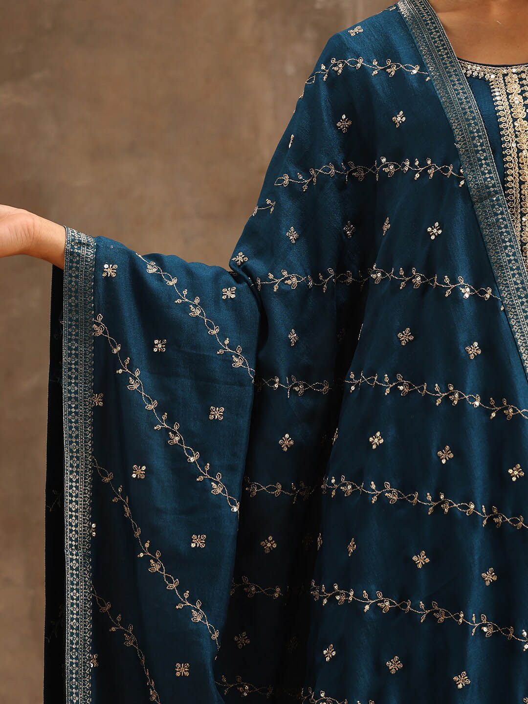 Libas Teal & Gold-Toned Ethnic Motifs Embroidered Sequined Kurta with Trousers & Dupatta