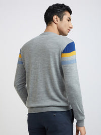Raymond Men Grey Melange & Blue Colourblocked Pullover