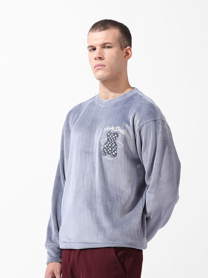The Indian Garage Co Men Oversized Self Design Corduroy Crew Neck Sweatshirt