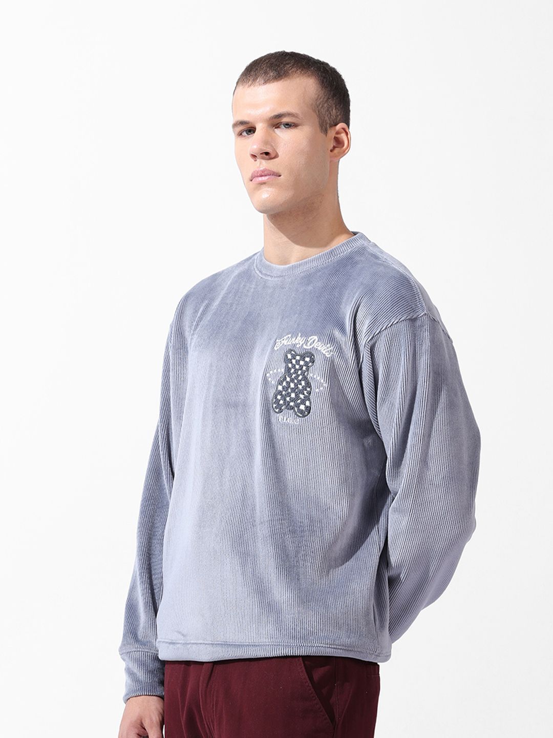 The Indian Garage Co Men Oversized Self Design Corduroy Crew Neck Sweatshirt
