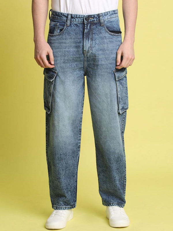 Bene Kleed Men Pure Cotton Light Fade Mid Rise Cargo Jeans