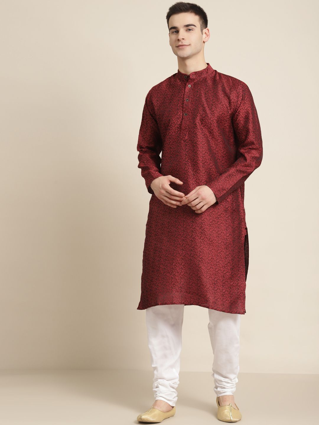 SOJANYA Men Maroon Ethnic Motifs Jacquard Woven Design Straight Kurta