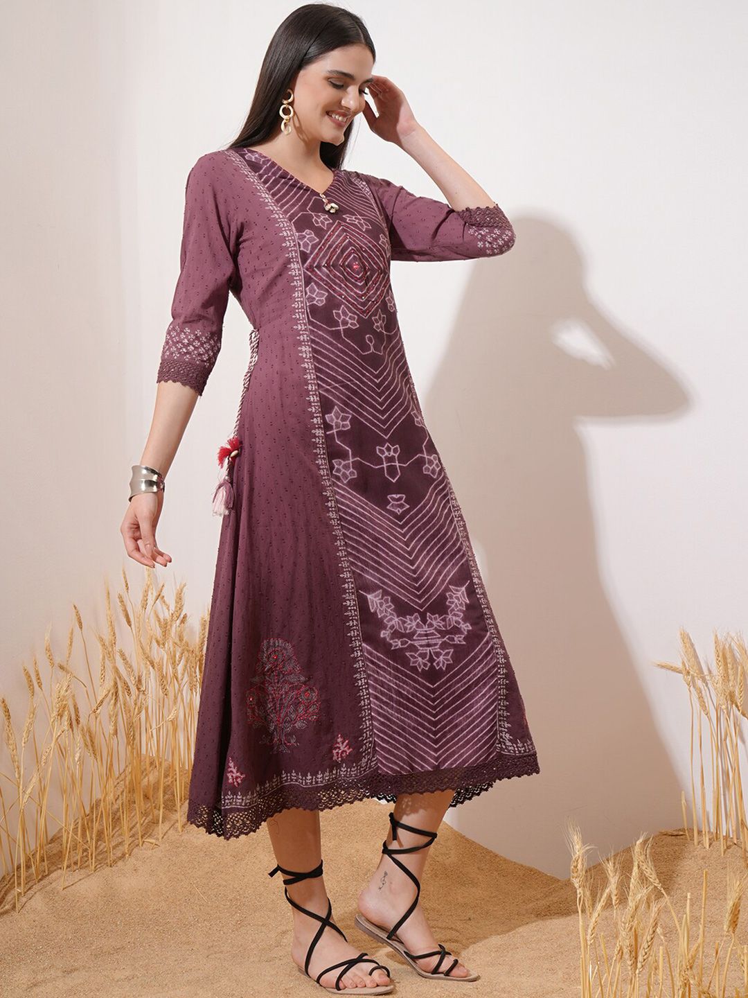 Vishudh Maroon Floral Printed Cotton  A-Line Midi Dress