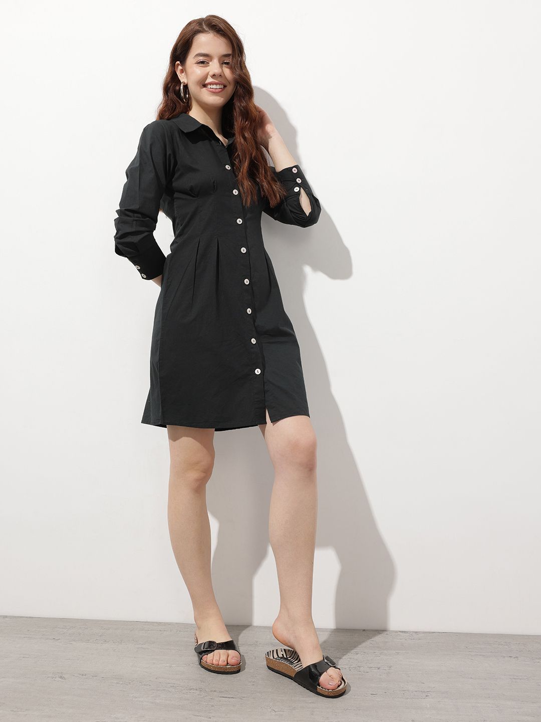 DressBerry New Neutral Reverse Pleats Shirt Dress