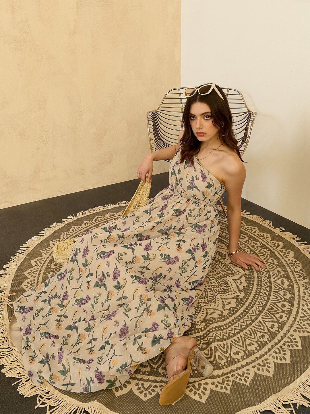 Berrylush Beige Floral Printed One Shoulder Flared Maxi Dress