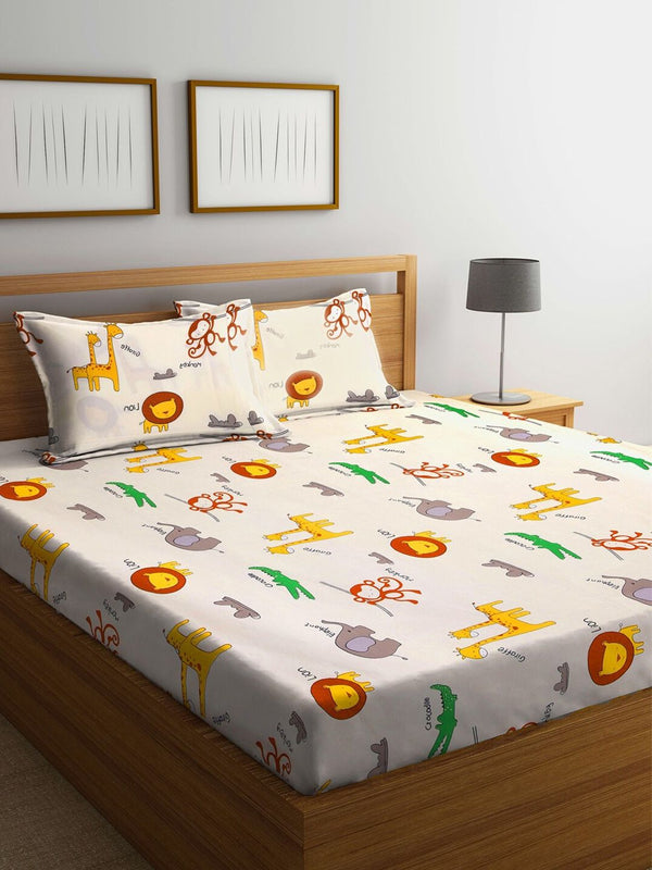 Multicoloured Cartoon Printed 300 TC 1 King Bedsheet with 2 Pillow Covers