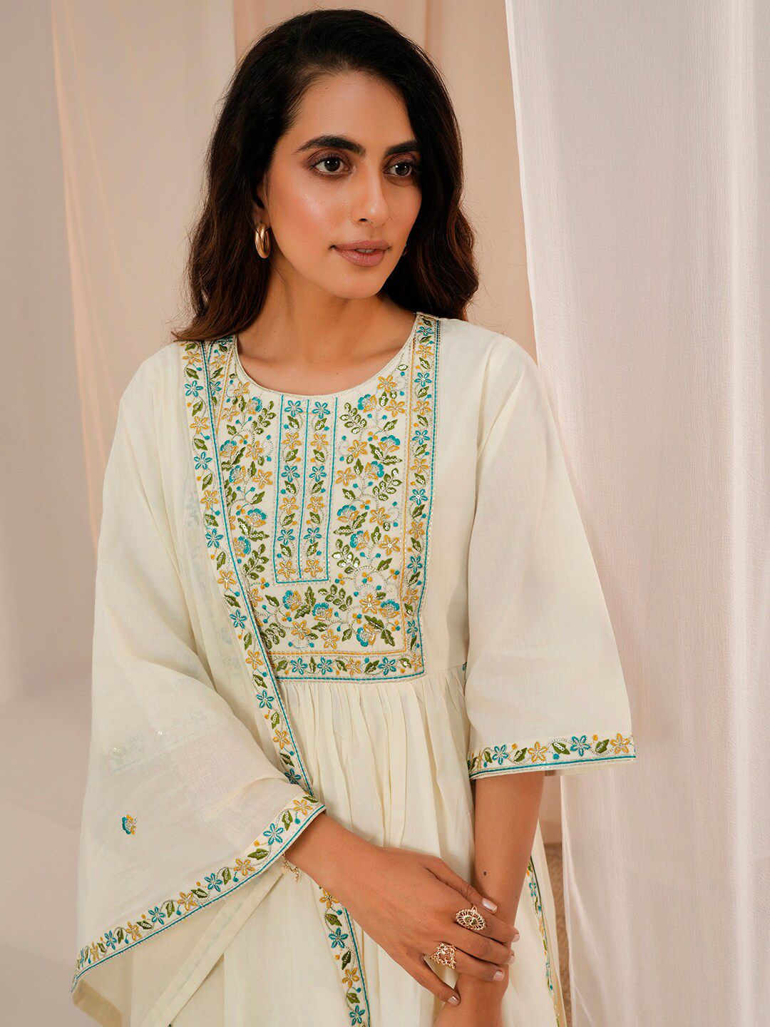 Libas Floral Yoke Design Pleated Thread Work Pure Cotton Kurta With Palazzos & Dupatta
