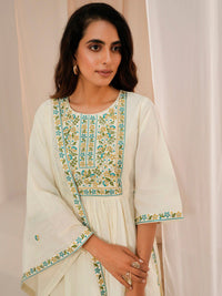 Libas Floral Yoke Design Pleated Thread Work Pure Cotton Kurta With Palazzos & Dupatta
