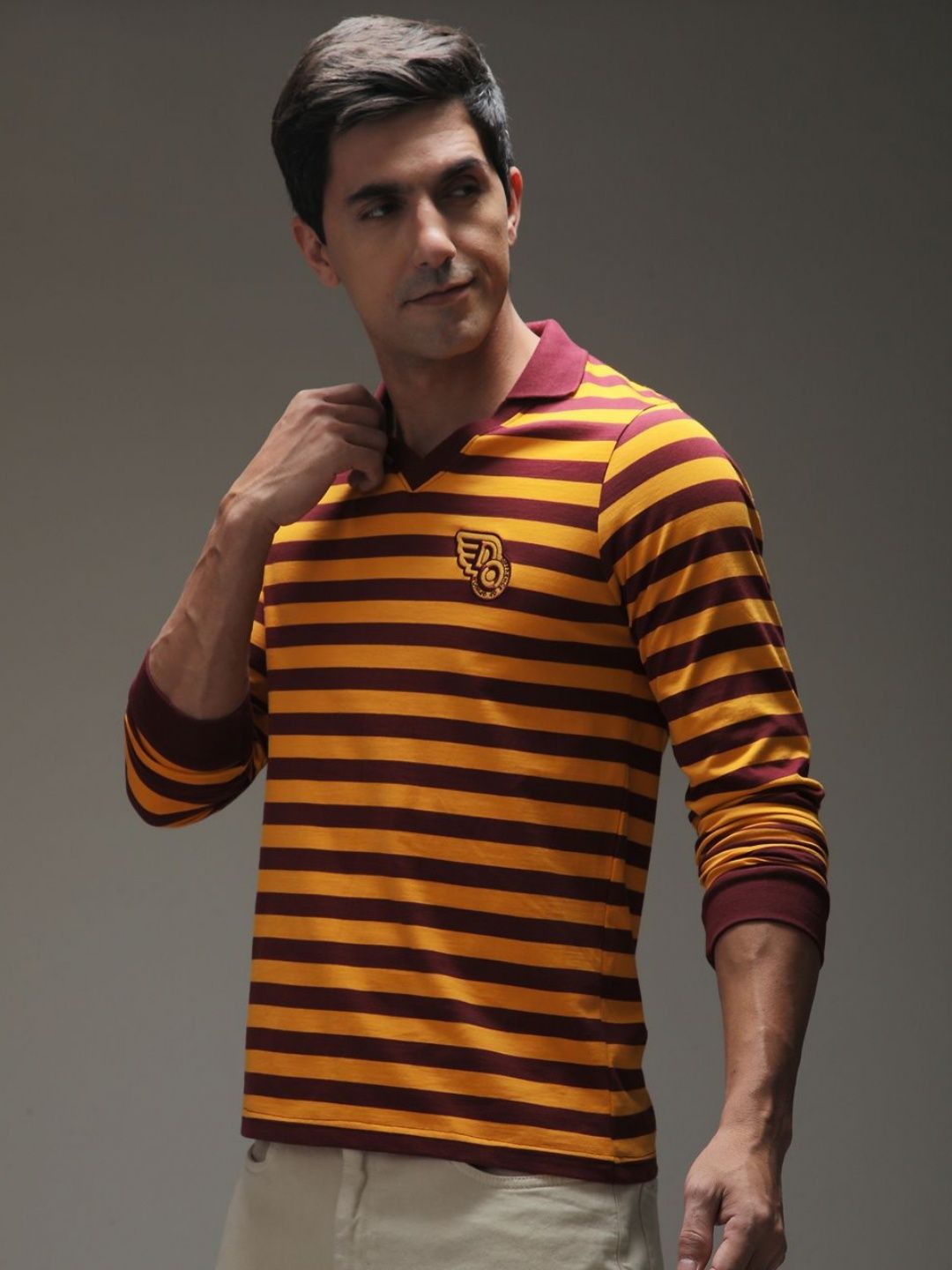 Difference of Opinion Men Striped Polo Collar Cotton T-shirt