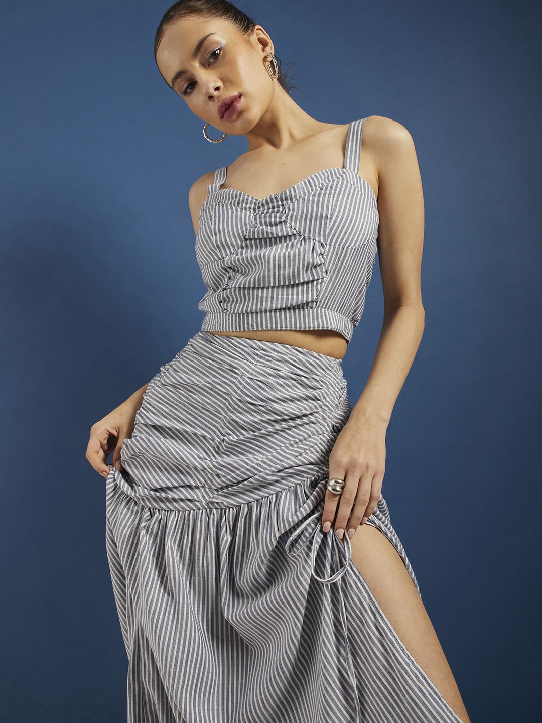 DressBerry Banker Striped Ruched Slit Detailed Co-ord Set