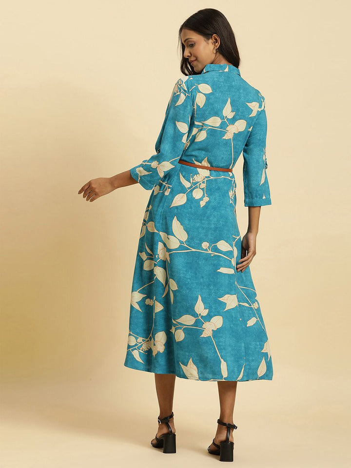 W Floral Printed Belted Detailed Shirt Collar Shirt Style Dress