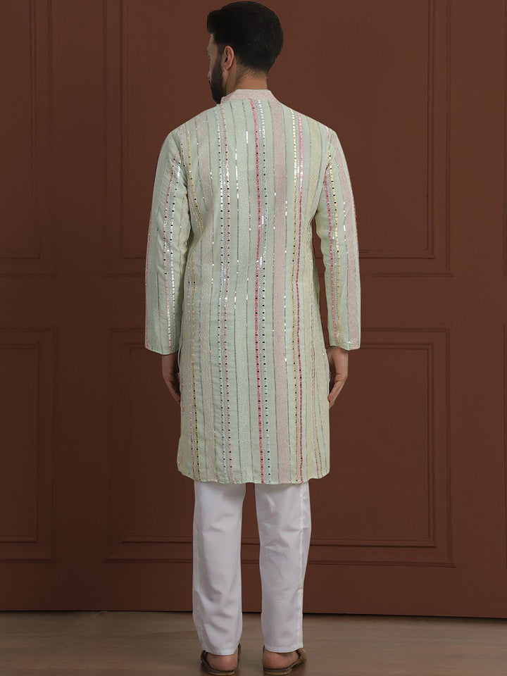 SOJANYA LUXE Striped Embroidered Mandarin Collar Straight Georgette Kurta & Pyjama