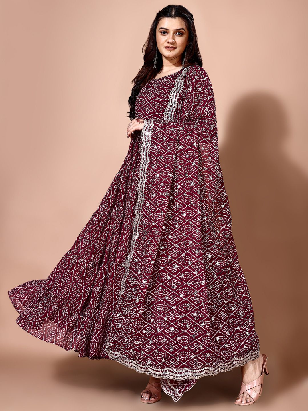 KALINI Bandhani Printed Tiered Anarkali Georgette Kurta With Trouser & Dupatta