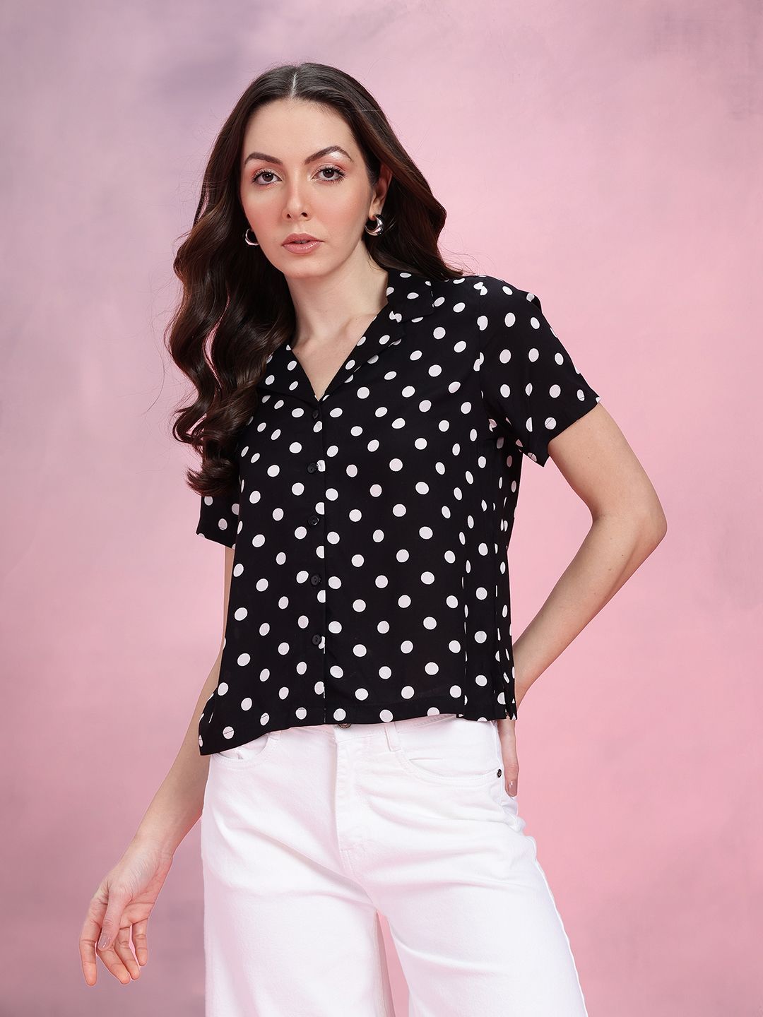 DressBerry Polka Dots Print Cuban Collar Opaque Casual Shirt