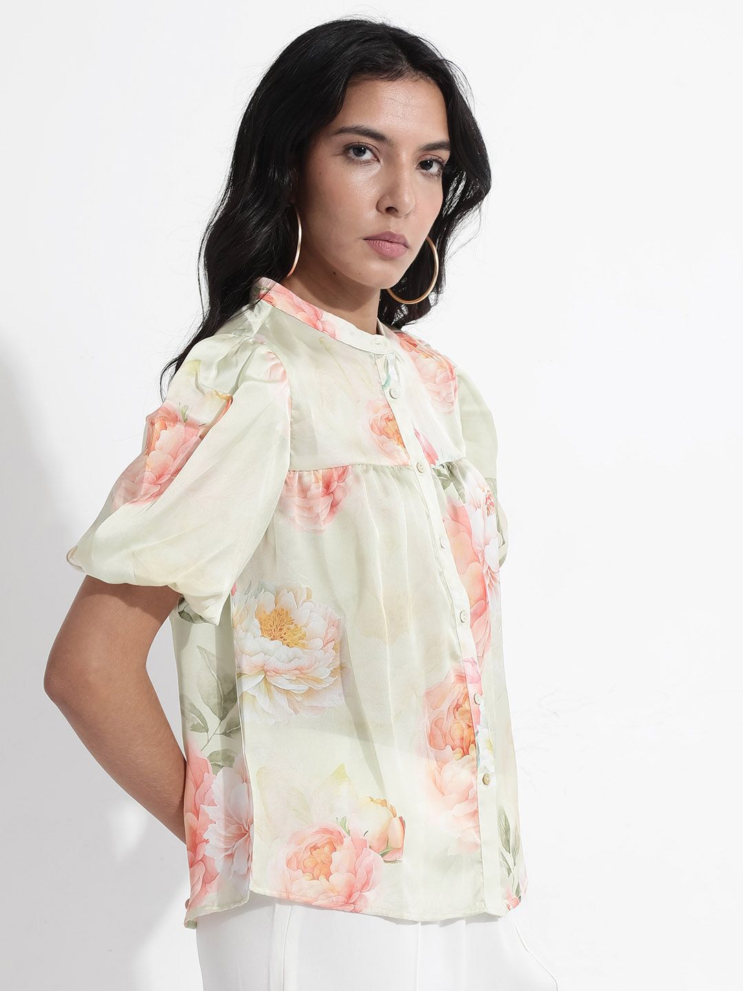 RAREISM Floral Printed Puff Sleeve Cotton Top