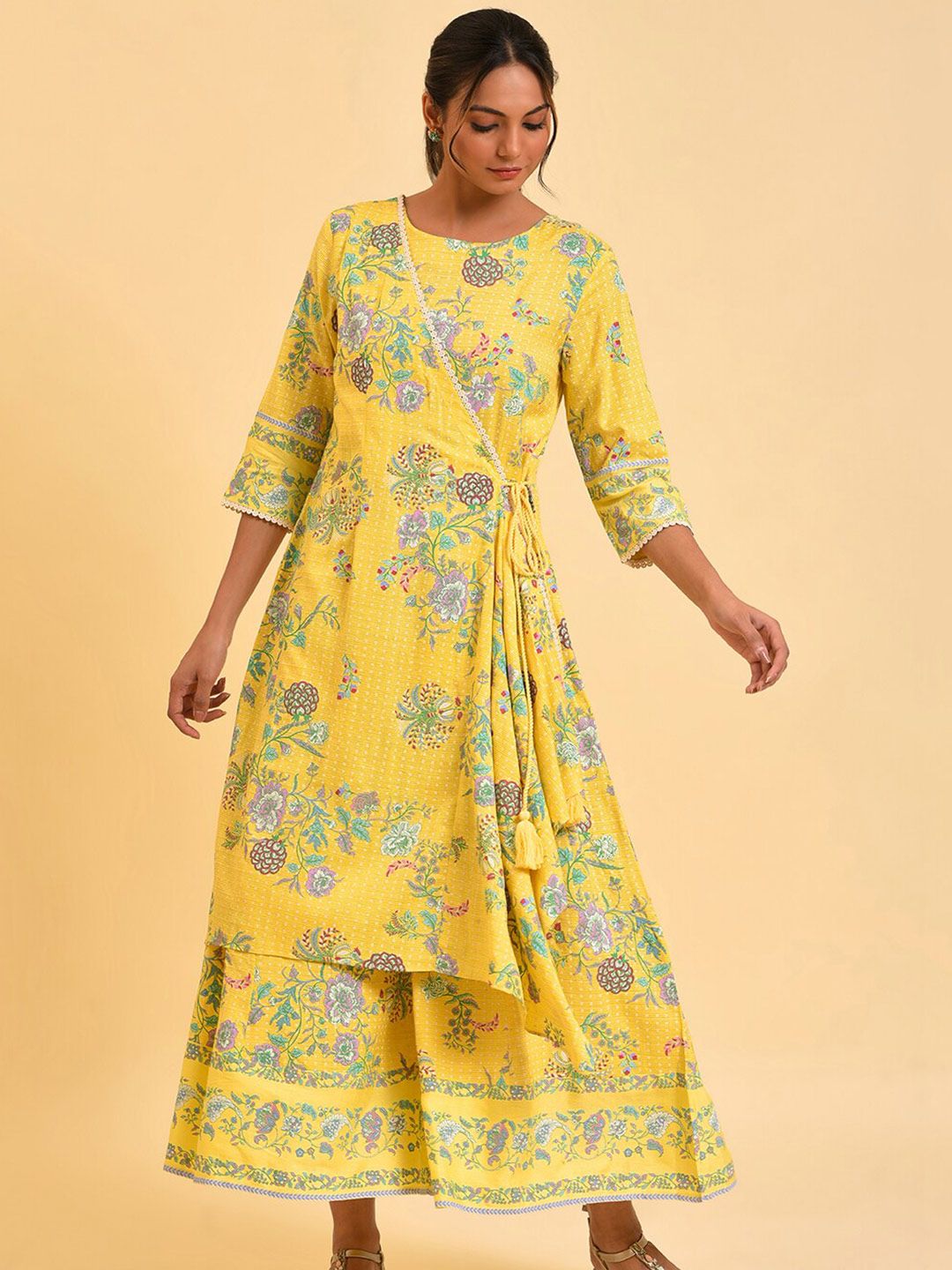 W Yellow & Green Floral Printed Culotte Jumpsuit