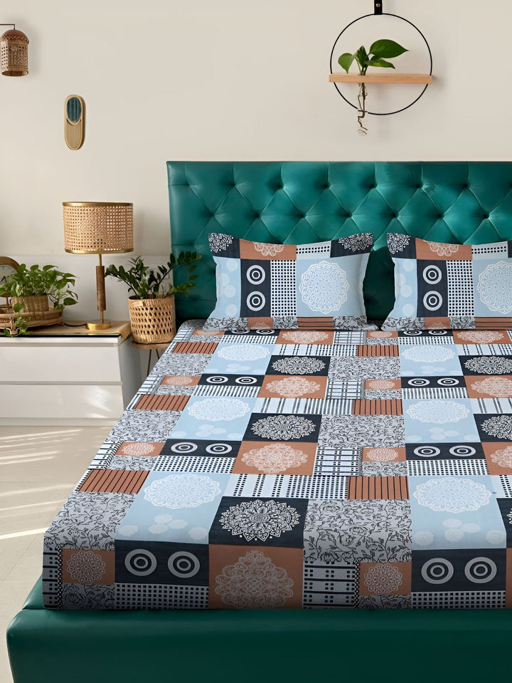 KLOTTHE Motif Etnik Biru Kapas 300 TC Cadar King dengan 2 Sarung Bantal-98 x 89 inci