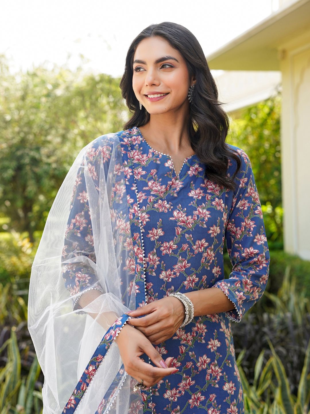 KALINI Floral Printed Gotta Patti Straight Kurta & Trousers With Dupatta