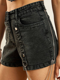 SASSAFRAS Women Grey Washed Slim Fit Mid-Rise Denim Shorts