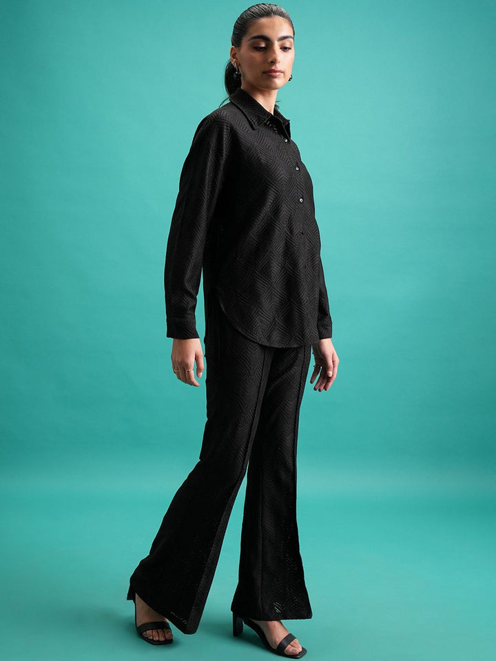 Tokyo Talkies Black Self Design Crochet Shirt With Flared Trouser Co-Ords