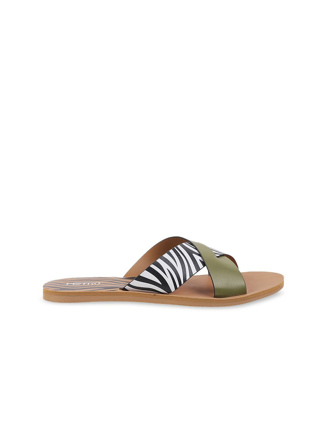 Metro Women Green Printed Open Toe Flats with Laser Cuts
