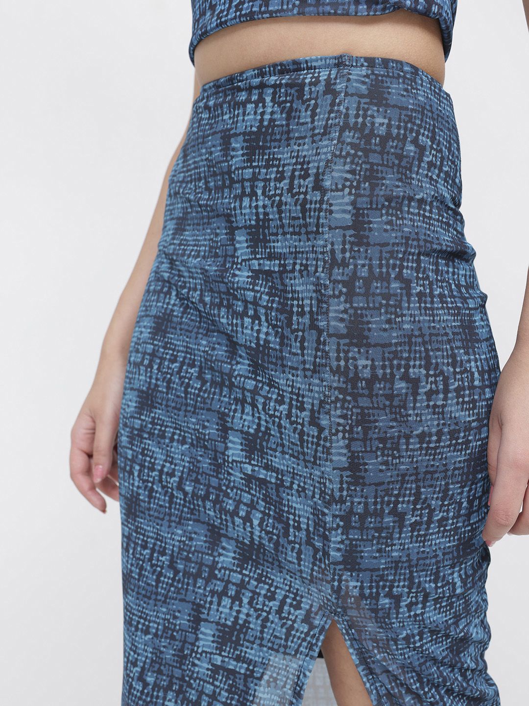 DressBerry Trippy Print Mesh Moment Slit Pencil Midi Skirt