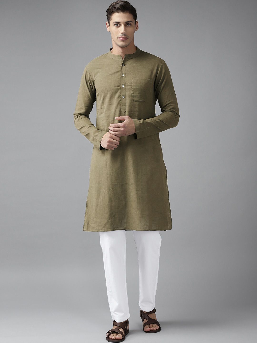 See Designs Olive Green Thread Work A-Line Kurta