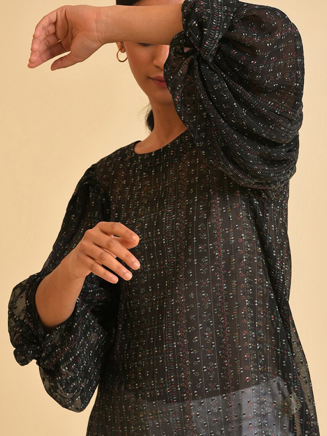 W Black Self Design Puff Sleeves Top